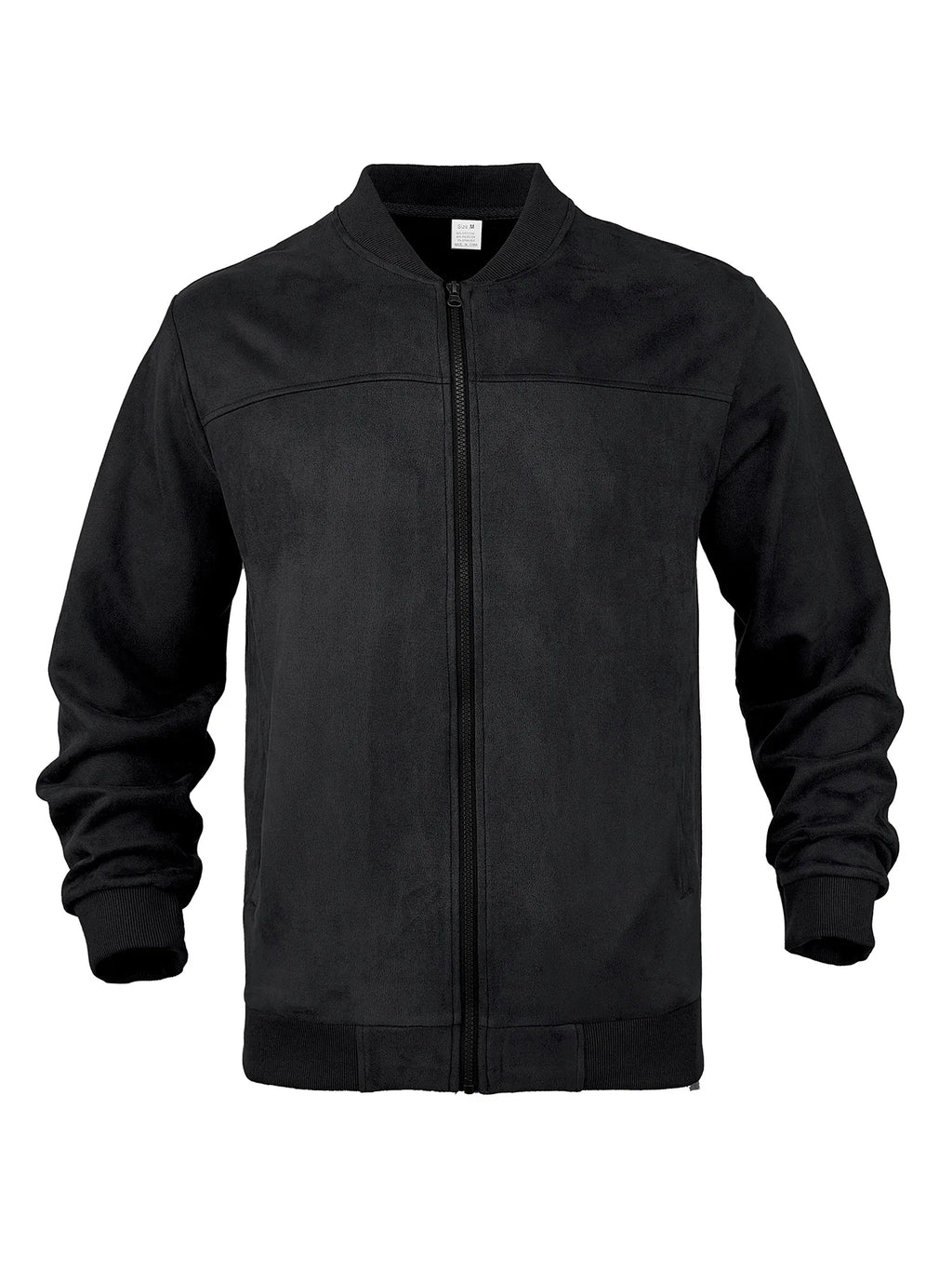 Flat lay of a black suede-effect bomber jacket, fully zipped, showing the ribbed cuffs and hem