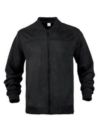 Flat lay of a black suede-effect bomber jacket, fully zipped, showing the ribbed cuffs and hem
