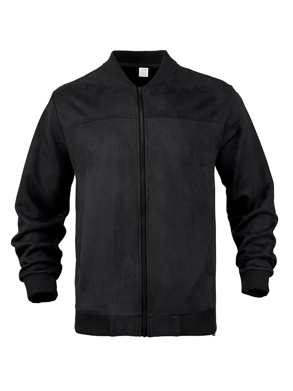 Flat lay of a black suede-effect bomber jacket, fully zipped, showing the ribbed cuffs and hem