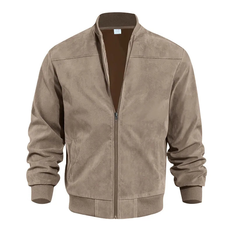 Flat lay of a taupe suede-effect bomber jacket with contrasting brown ribbed trim, fully zipped