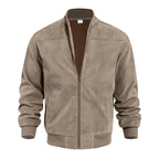Flat lay of a taupe suede-effect bomber jacket with contrasting brown ribbed trim, fully zipped