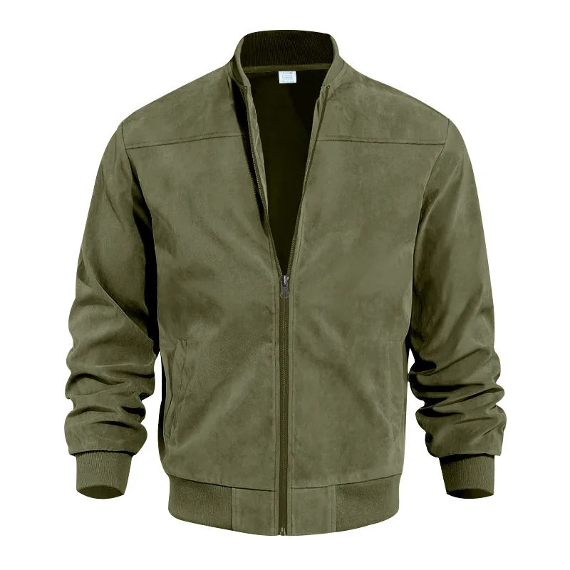 Flat lay of an olive green suede-effect bomber jacket with ribbed collar, cuffs and hem, fully zipped