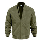 Flat lay of an olive green suede-effect bomber jacket with ribbed collar, cuffs and hem, fully zipped