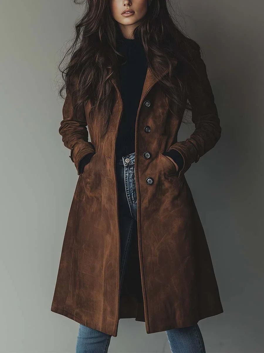 Woman modelling a rich brown suede-effect longline coat with button-front closure over a black jumper and jeans