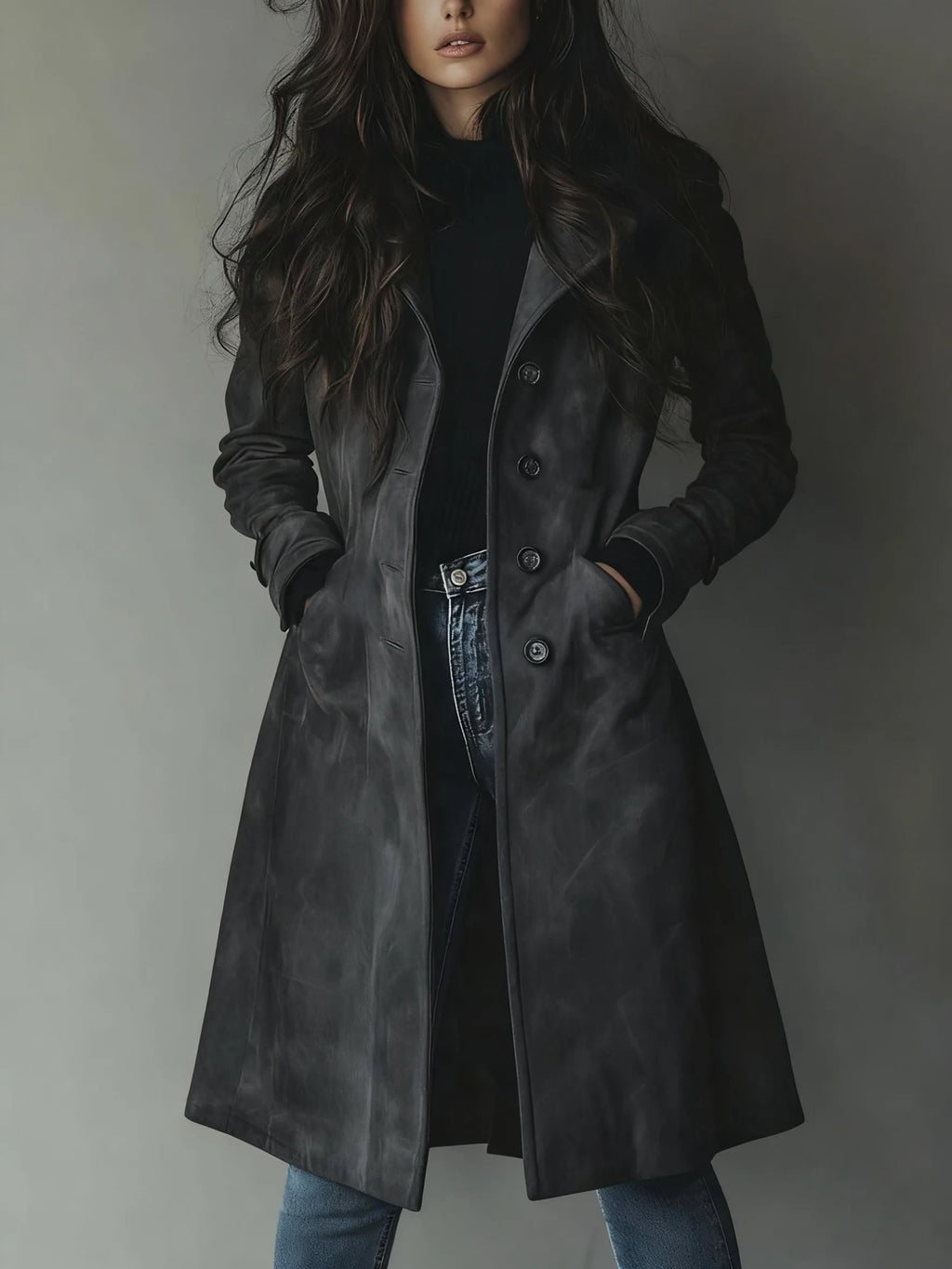 Charcoal grey suede-finish longline coat buttoned up, worn with a black jumper and denim jeans
