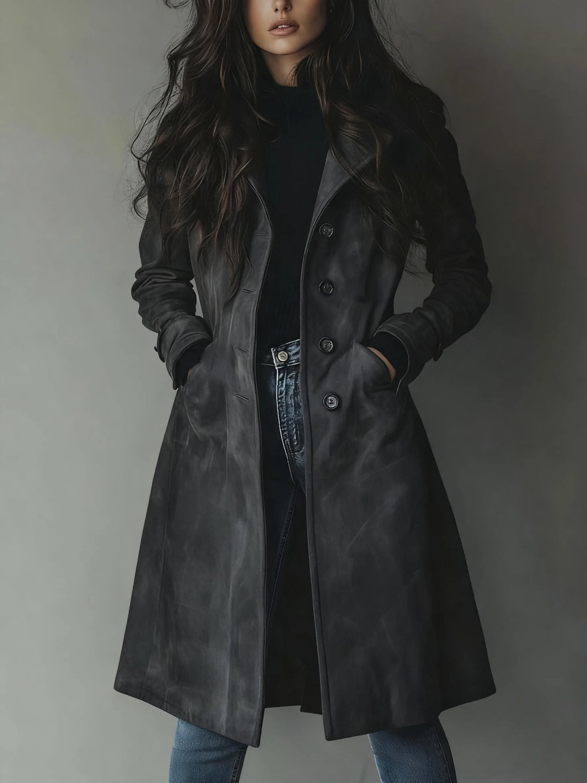 Charcoal grey suede-finish longline coat buttoned up, worn with a black jumper and denim jeans