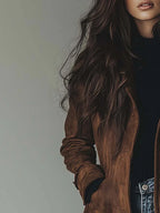 Close-up of the notched lapel collar and shoulder on a brown suede-effect coat, showing texture detail