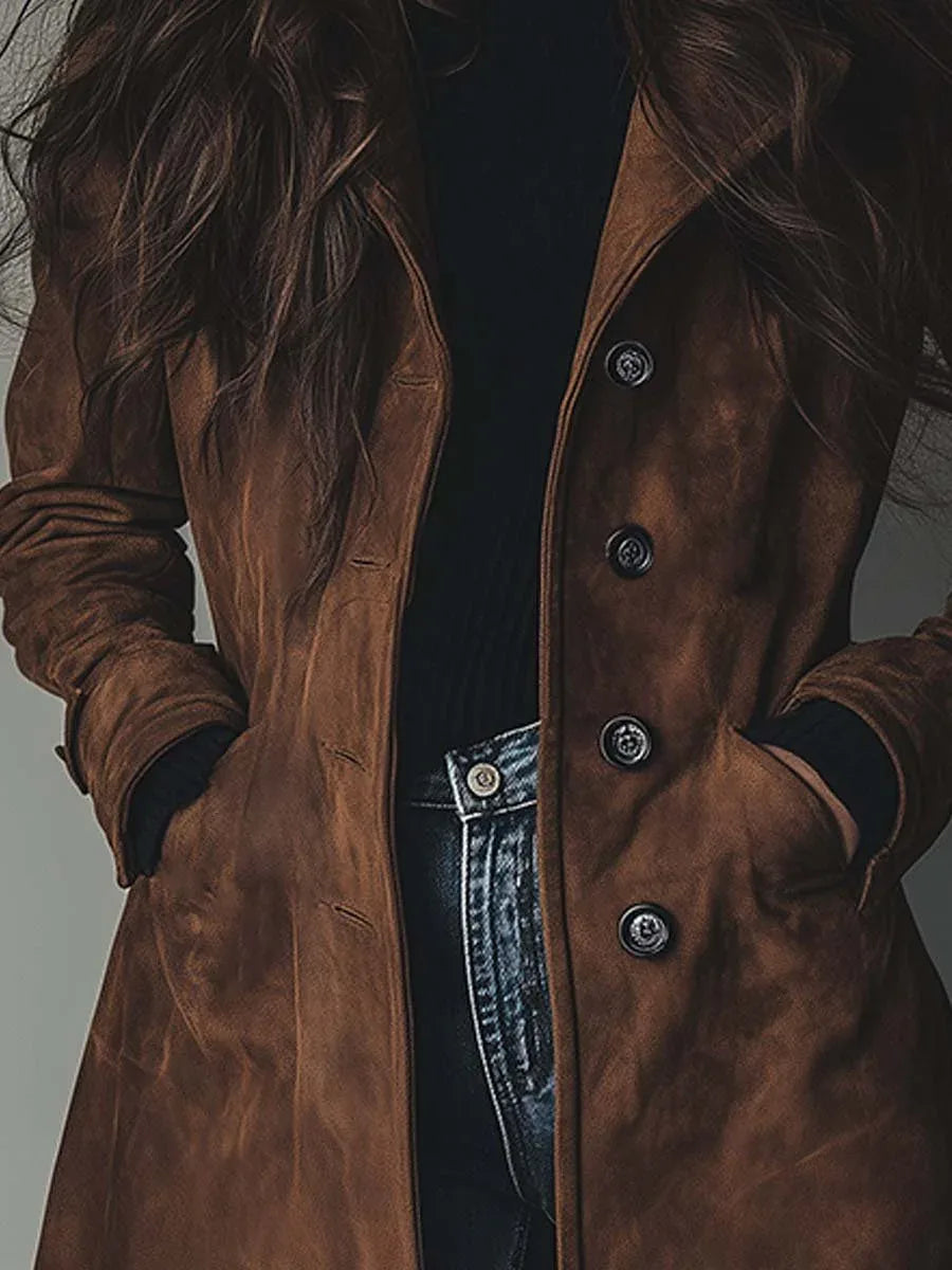 Detail shot of the button-front placket and side pocket on a brown longline suede-style coat