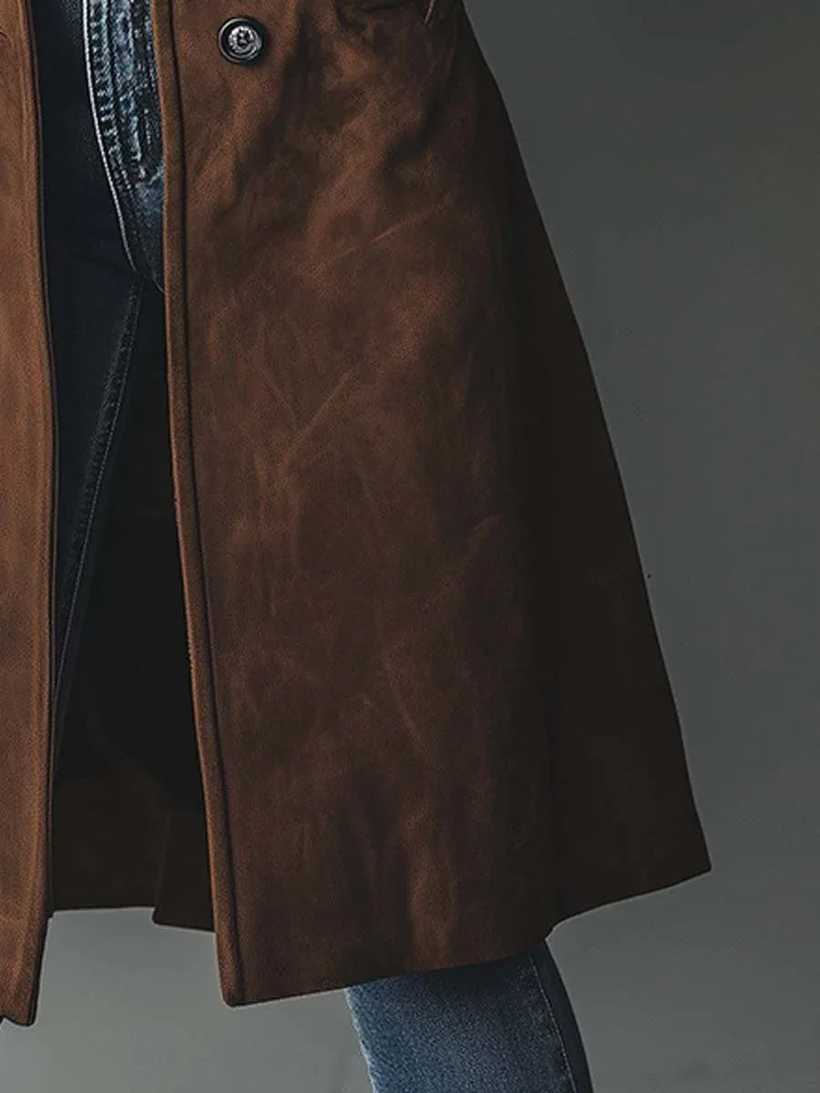 Close-up of the soft suede-like fabric texture and clean seam on the coat's front panel