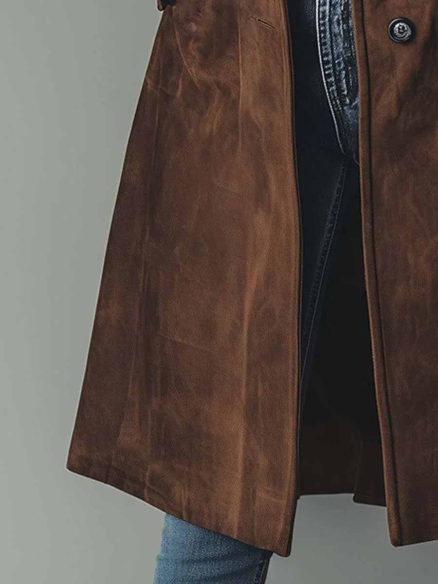 Close-up of the coat hem and side vent, showing the flowing longline cut and fabric drape