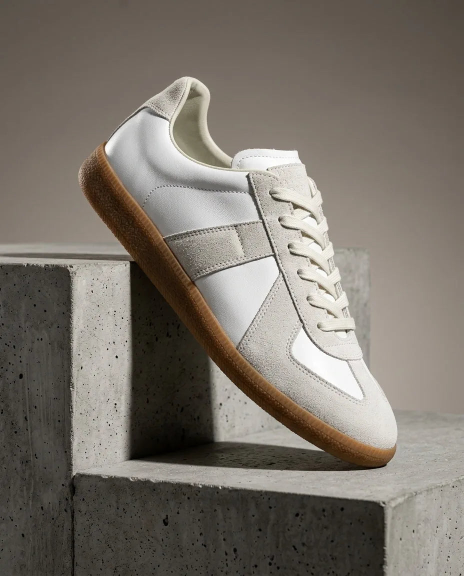 White leather and grey suede trainer with gum outsole, shown side-on against a stone plinth