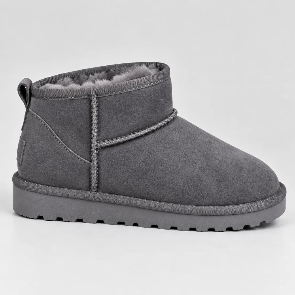 Grey suede mini ankle boot shown from the side, revealing soft grey faux-fur trim and textured sole