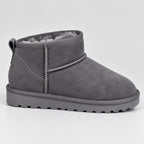 Grey suede mini ankle boot shown from the side, revealing soft grey faux-fur trim and textured sole