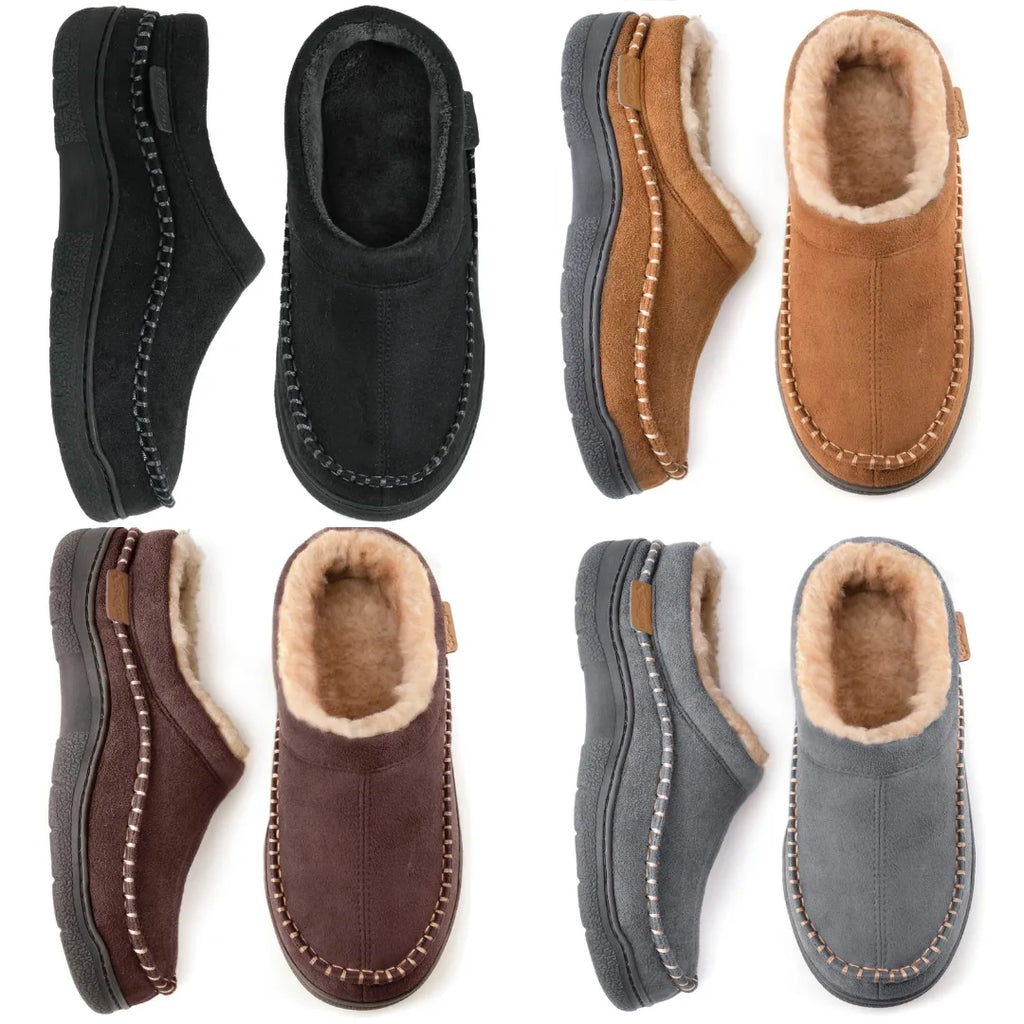 Four colourways shown together: black, grey, chestnut and dark brown moccasin slippers with fur collars