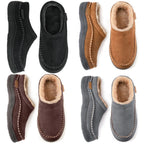 Four colourways shown together: black, grey, chestnut and dark brown moccasin slippers with fur collars