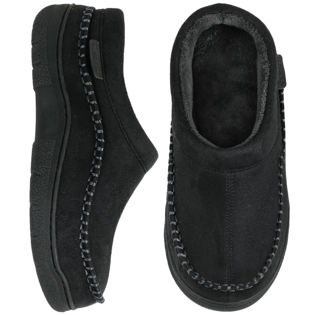 Top and side view of all-black slippers with matching suede lining and dark whipstitch trim