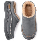Top and side view of grey suede slippers with cosy tan faux fur lining and contrast stitching