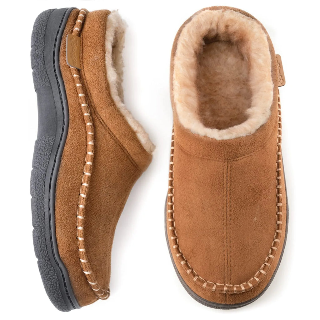 Top and side view of light tan suede slippers with fluffy cream faux fur collar and trim