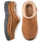Top and side view of light tan suede slippers with fluffy cream faux fur collar and trim