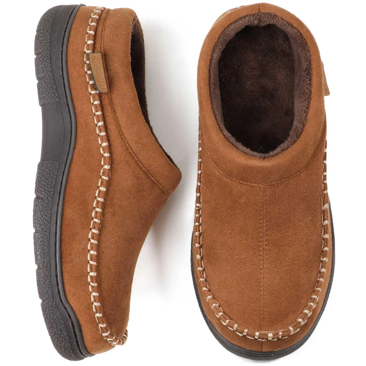 Top and side view of chestnut brown suede slippers lined with soft brown faux fur