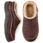 Top and side view of warm brown suede slippers featuring a plush dark brown fleece lining