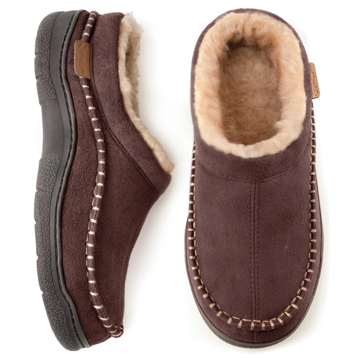 Top and side view of warm brown suede slippers featuring a plush dark brown fleece lining