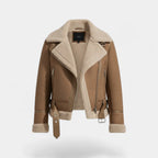 Flat product shot of the tan suede biker jacket with cream shearling trim, belt and silver-tone zips
