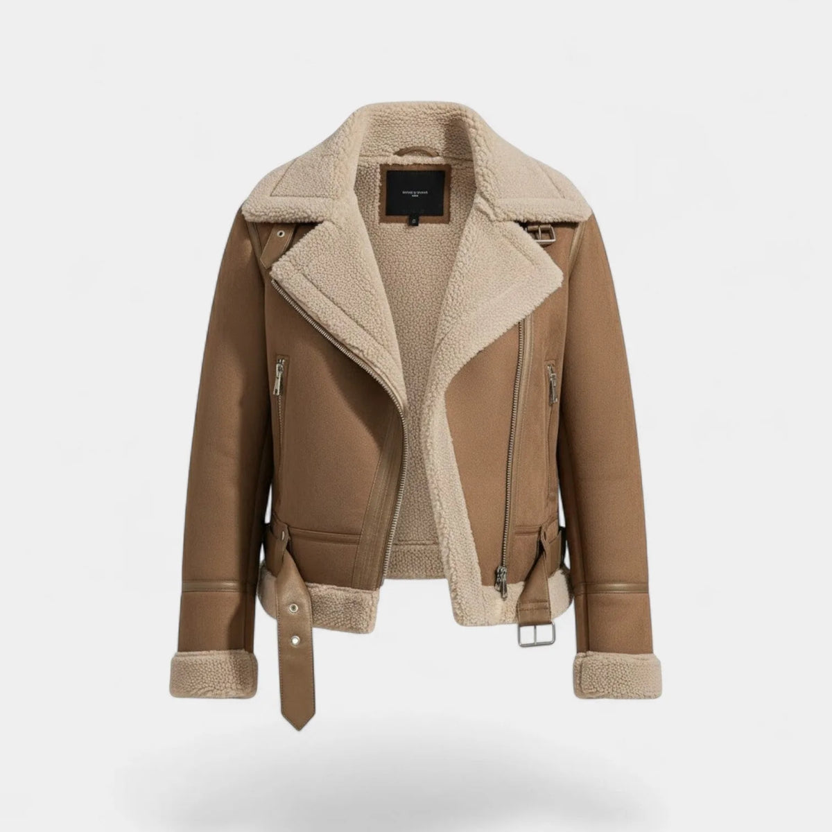 Flat product shot of the tan suede biker jacket with cream shearling trim, belt and silver-tone zips