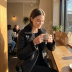 Woman in a cafe wearing the black shearling-collar biker jacket with wool teddy lining visible at the collar
