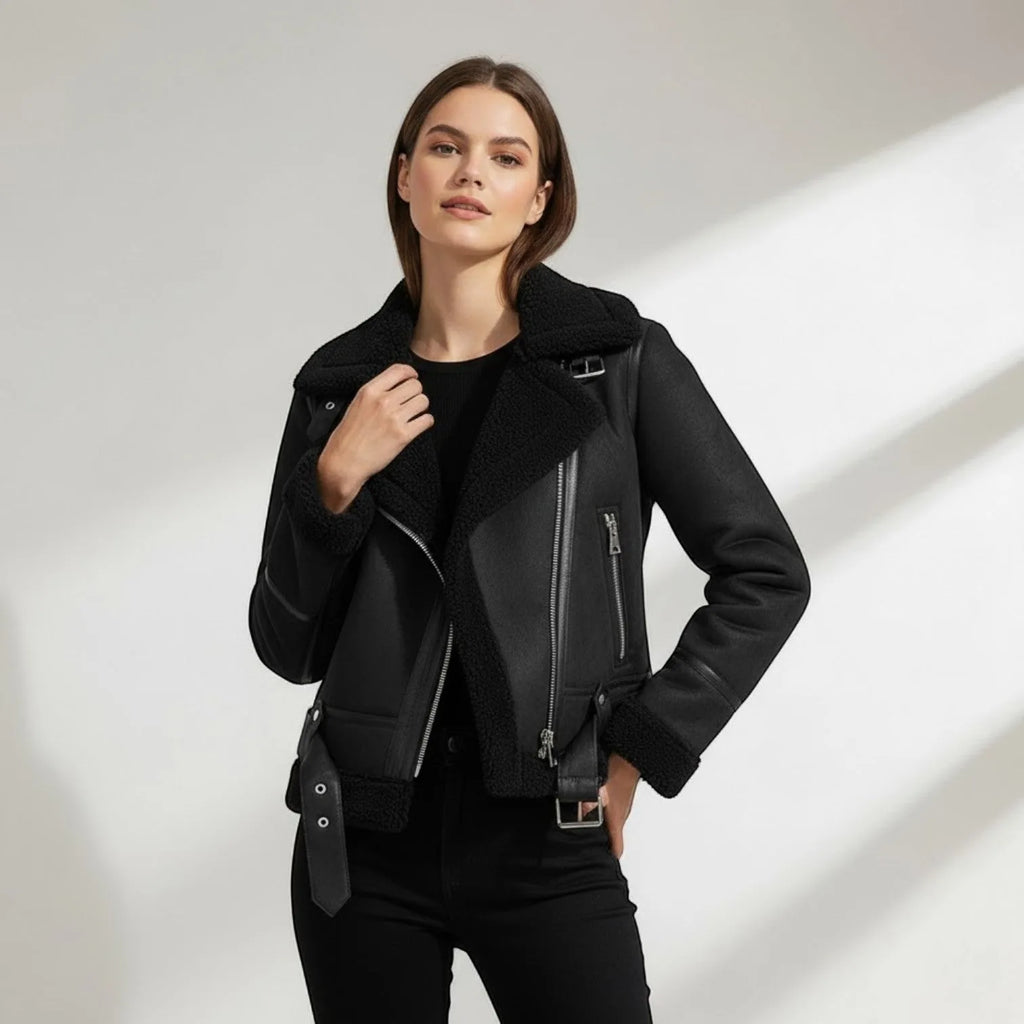 Front view of a model wearing the black suede biker jacket with matching black shearling lapel