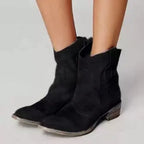 Black suede ankle boots with rounded toe and distressed block heel, shown from the front