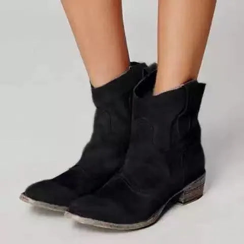 Black suede ankle boots with rounded toe and distressed block heel, shown from the front