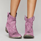 Purple suede ankle boots with side pull tabs, shown from the front on bare legs