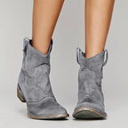 Grey suede ankle boots with western stitching detail and stacked block heel