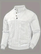 Front flat view of a white textured cable-knit jumper showing button placket and stand collar detail