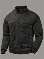 Front flat view of the jumper in black, highlighting the mixed knit panels and ribbed cuffs