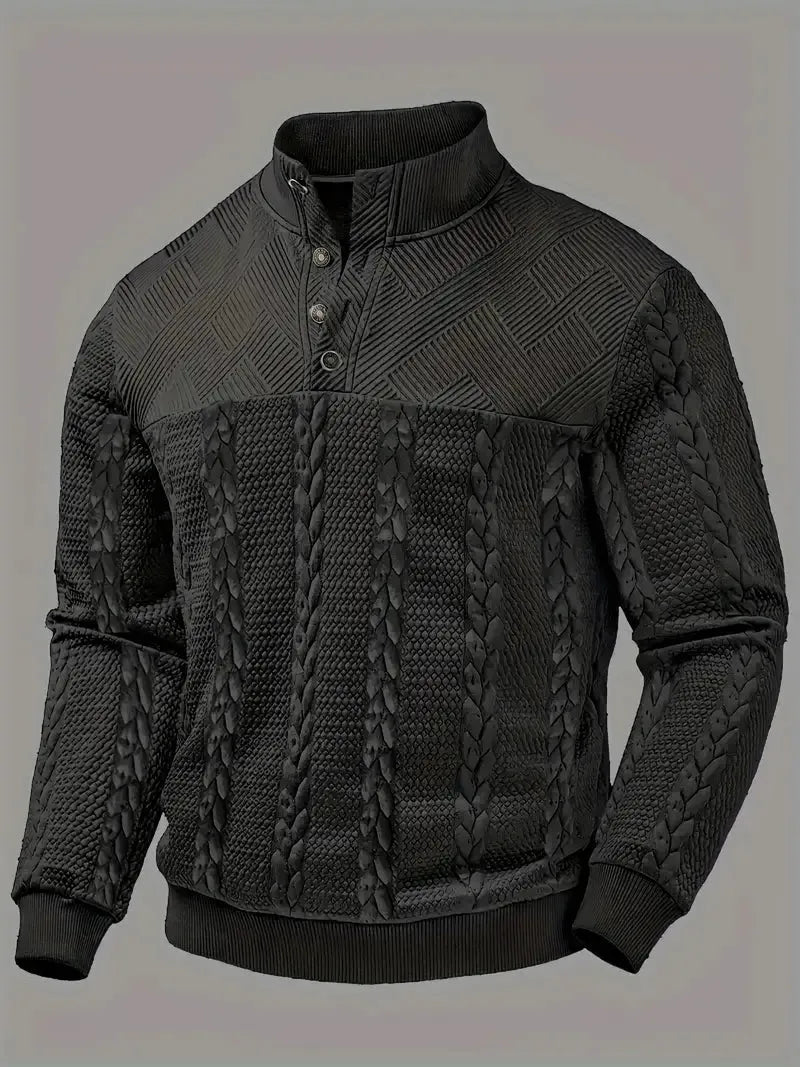 Front flat view of the jumper in black, highlighting the mixed knit panels and ribbed cuffs