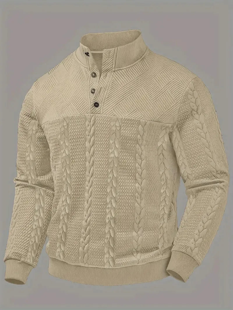 Front flat view of the jumper in khaki, showing the diamond-textured yoke and cable-knit body