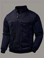 Front flat view of the jumper in navy blue, showing the stand collar with button fastening