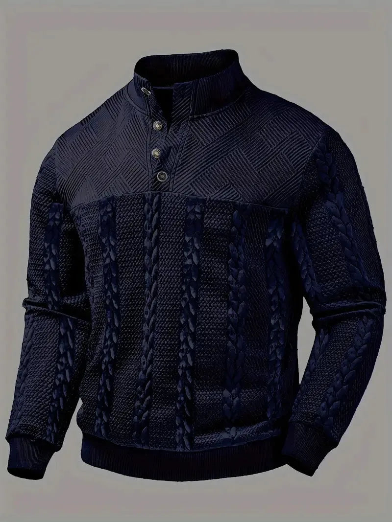 Front flat view of the jumper in navy blue, showing the stand collar with button fastening