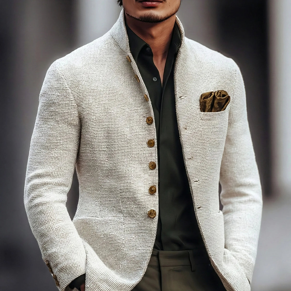 Man wearing a textured white stand-collar jacket over an olive shirt, styled with a bronze pocket square, front view