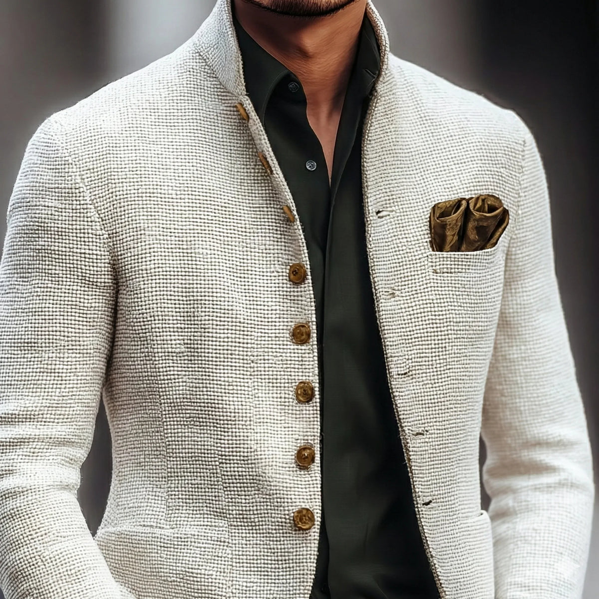 Close-up of the stand collar, horn-style buttons and bronze pocket square detail on the white textured jacket