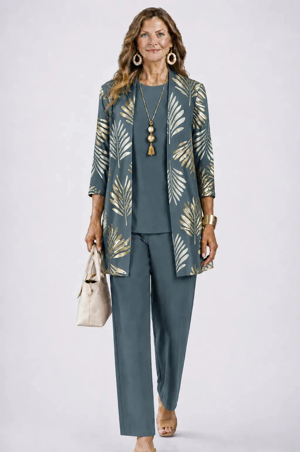 Three-Piece Cardigan, Top & Printed Trouser Set for Women image 10