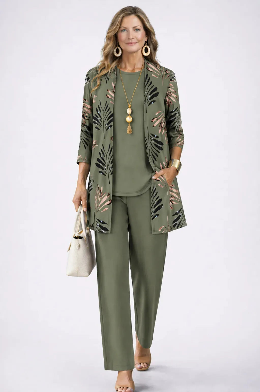 Three-Piece Cardigan, Top & Printed Trouser Set for Women image 11