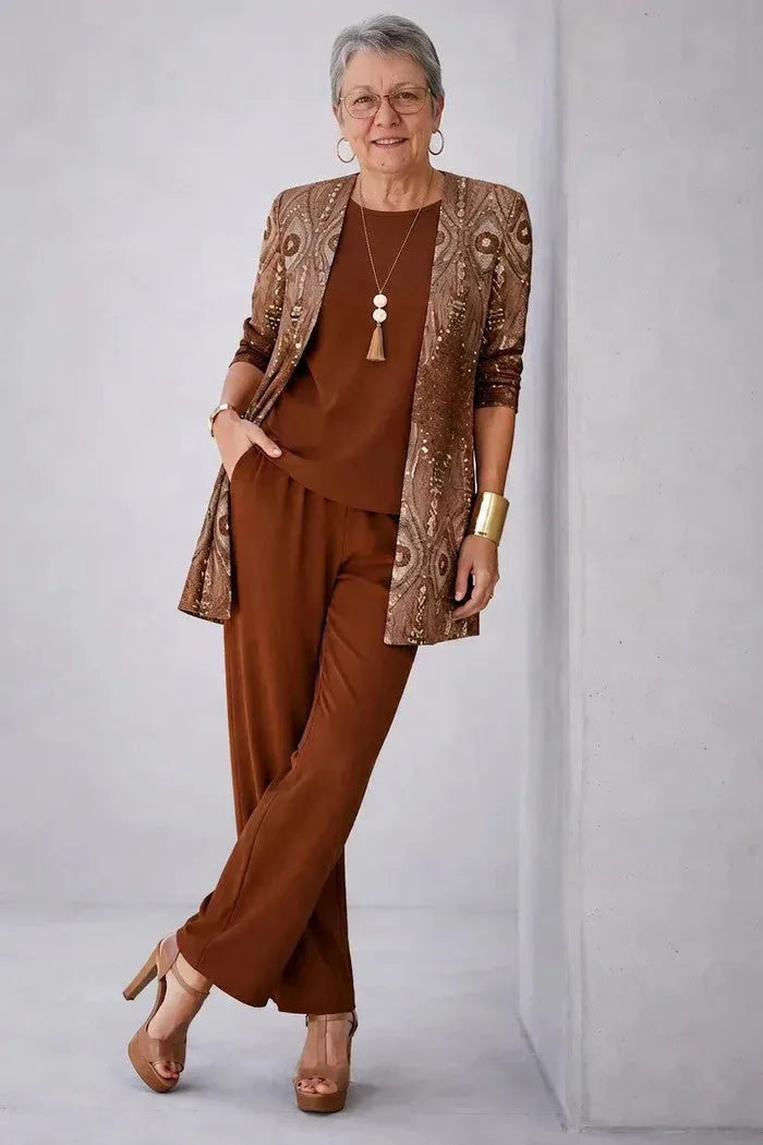 Three-Piece Cardigan, Top & Printed Trouser Set for Women image 19
