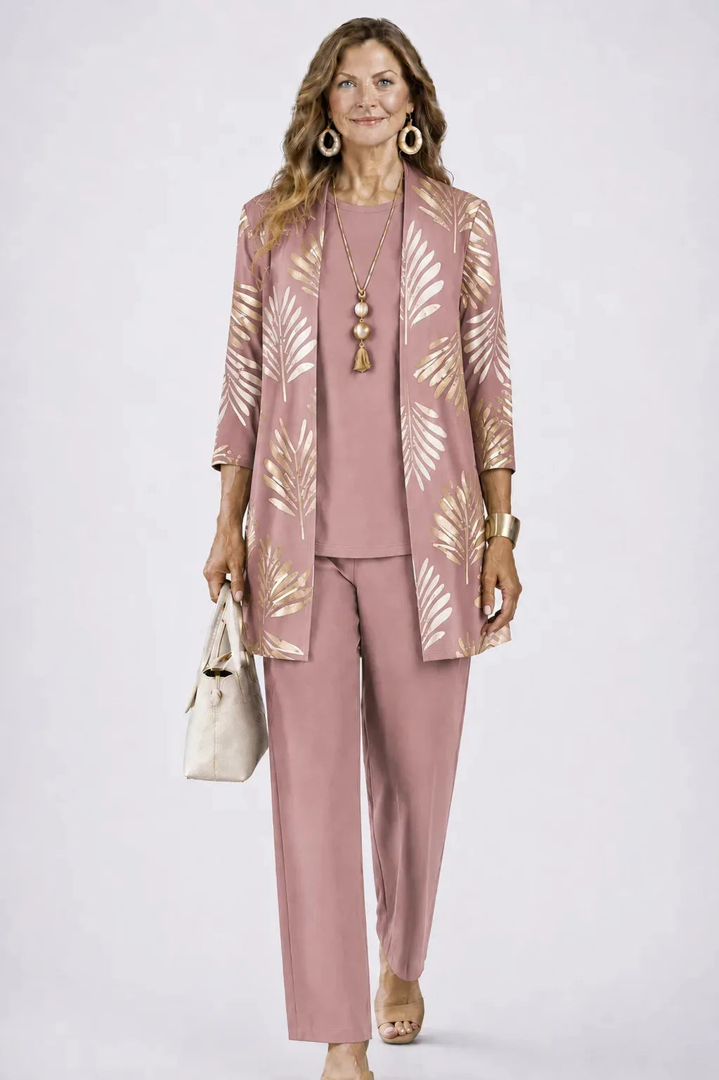 Three-Piece Cardigan, Top & Printed Trouser Set for Women image 28