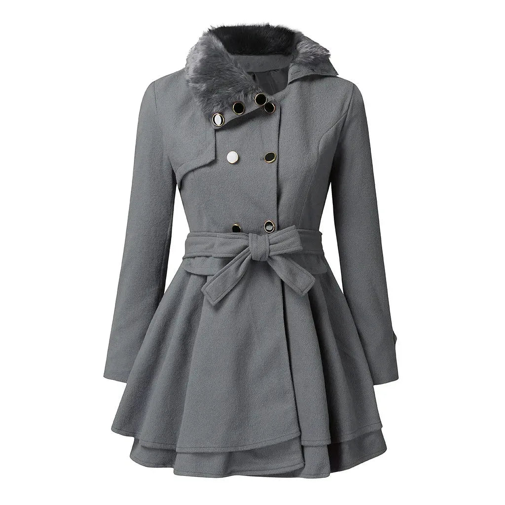 Grey double-breasted coat with faux fur collar and fitted belted waist, front view against white background