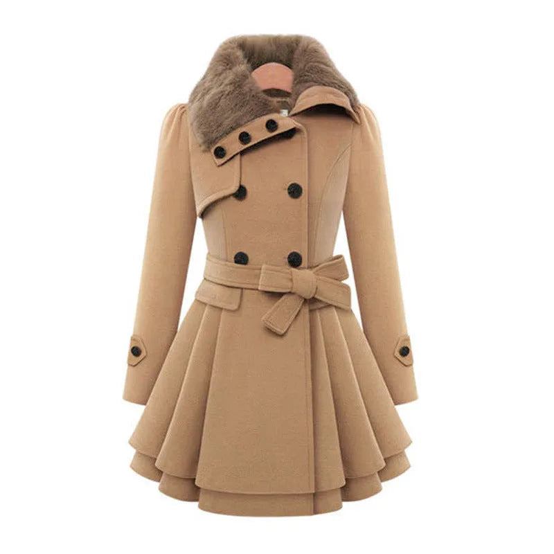 Camel-coloured coat with brown faux fur collar, puff sleeves and tiered flared skirt, front view