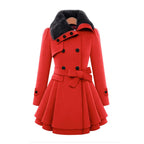 Red double-breasted coat with black faux fur collar, tied waist belt and flared tiered skirt