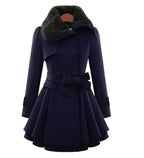 Navy blue double-breasted coat with dark faux fur collar and bow-tied belt, front view